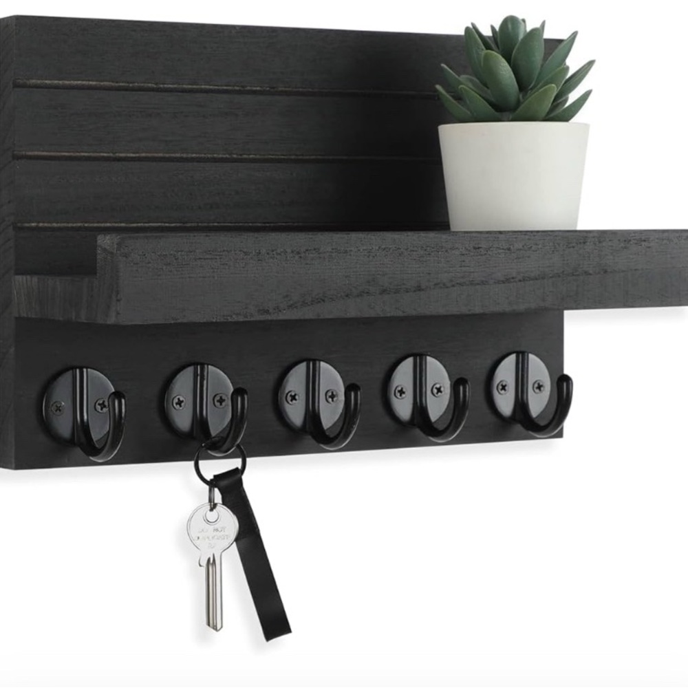 Black Wall Decor with Hooks and Shelf